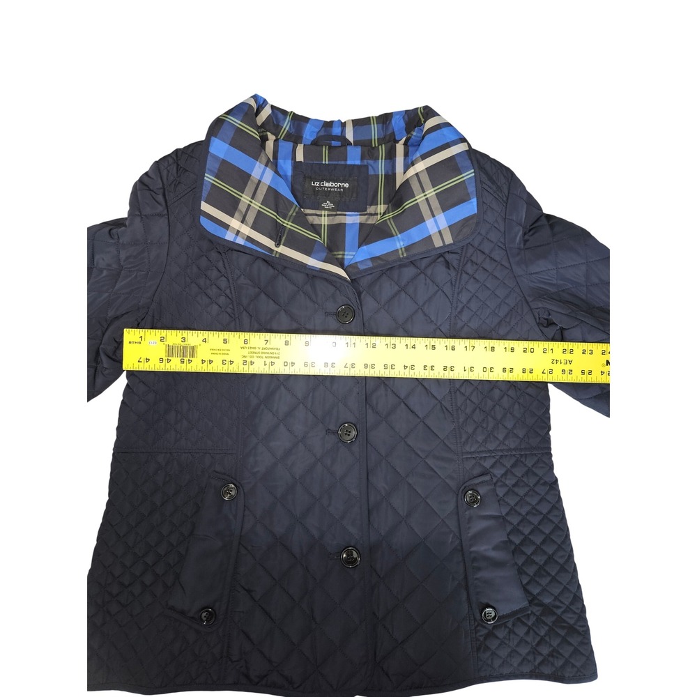 Liz Claiborne Women's Navy Blue Quilted Jacket Plaid Trim Button Front Coat XL - Picture 13 of 13